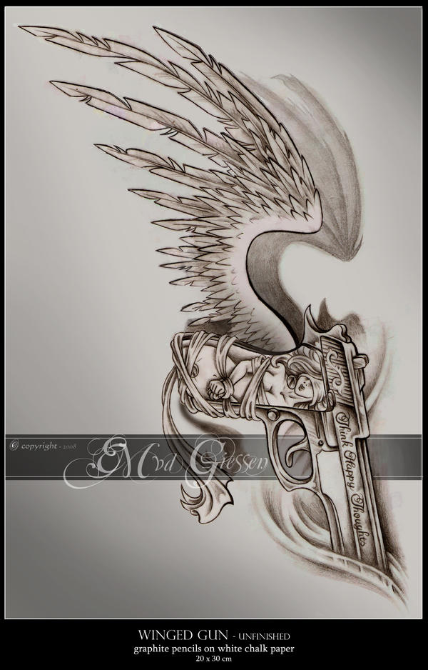 Veru thin line and style of dragon tattoo design. Winged Gun Tattoo by
