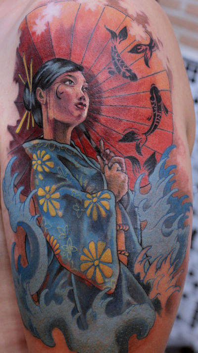tattoo geisha japanese shoulder tattoos girl beautiful tsunami entertainmentmesh colorful illustration most