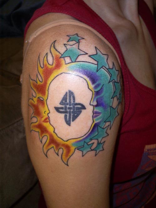 colored sun moon tattoo