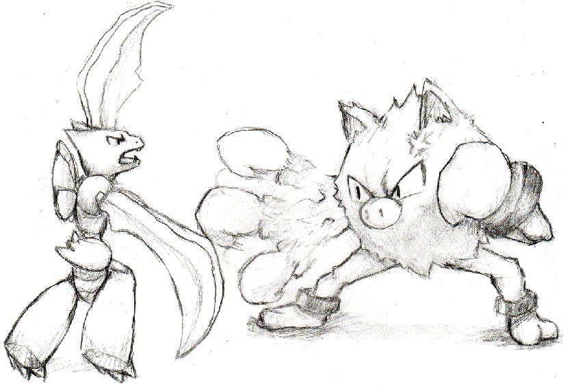 Primeape_vs_Scyther_sketch_by_PikachuPro