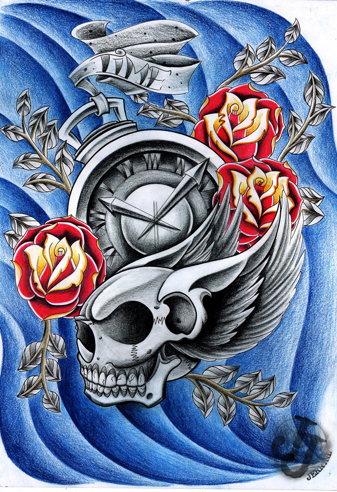 Flying skull clock half sleeve - sleeve tattoo