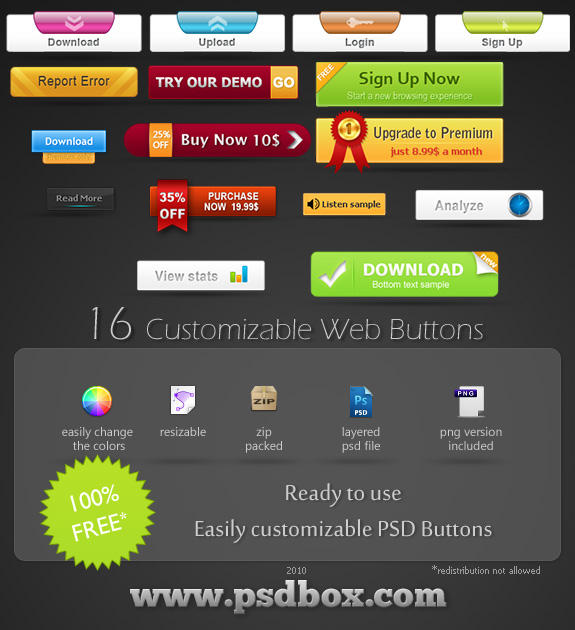 Free 16 web buttons PSD file