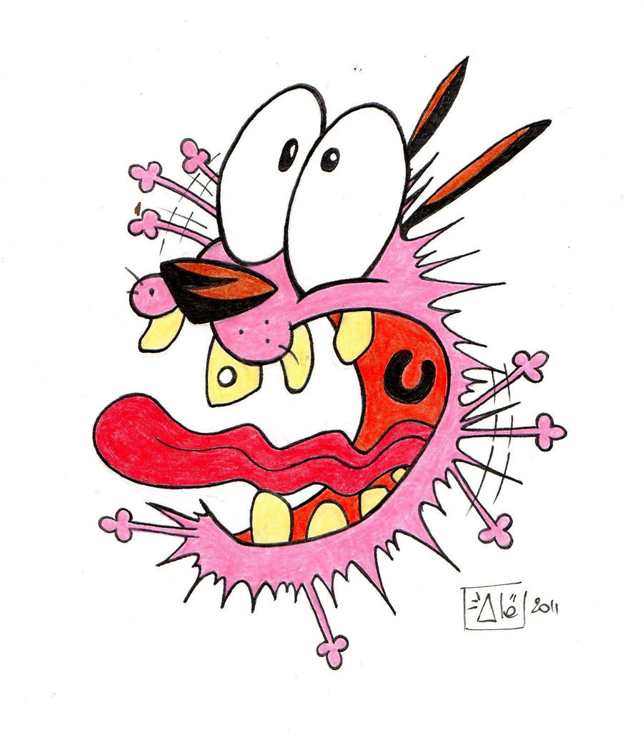 An illustration of a pink dog's head, with its mouth open in a screaming expression.