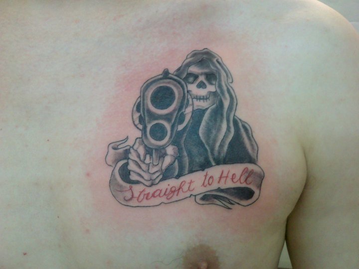 Straight to Hell - chest tattoo
