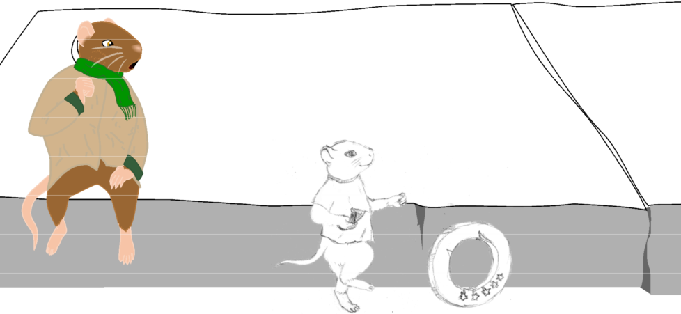 Image: Frank the mouse, in winter clothes (color), watches in surprise as a younger mouse (pencil) trundles a hoop made from the outer part of a 1-euro coin past the curb where he's sitting.