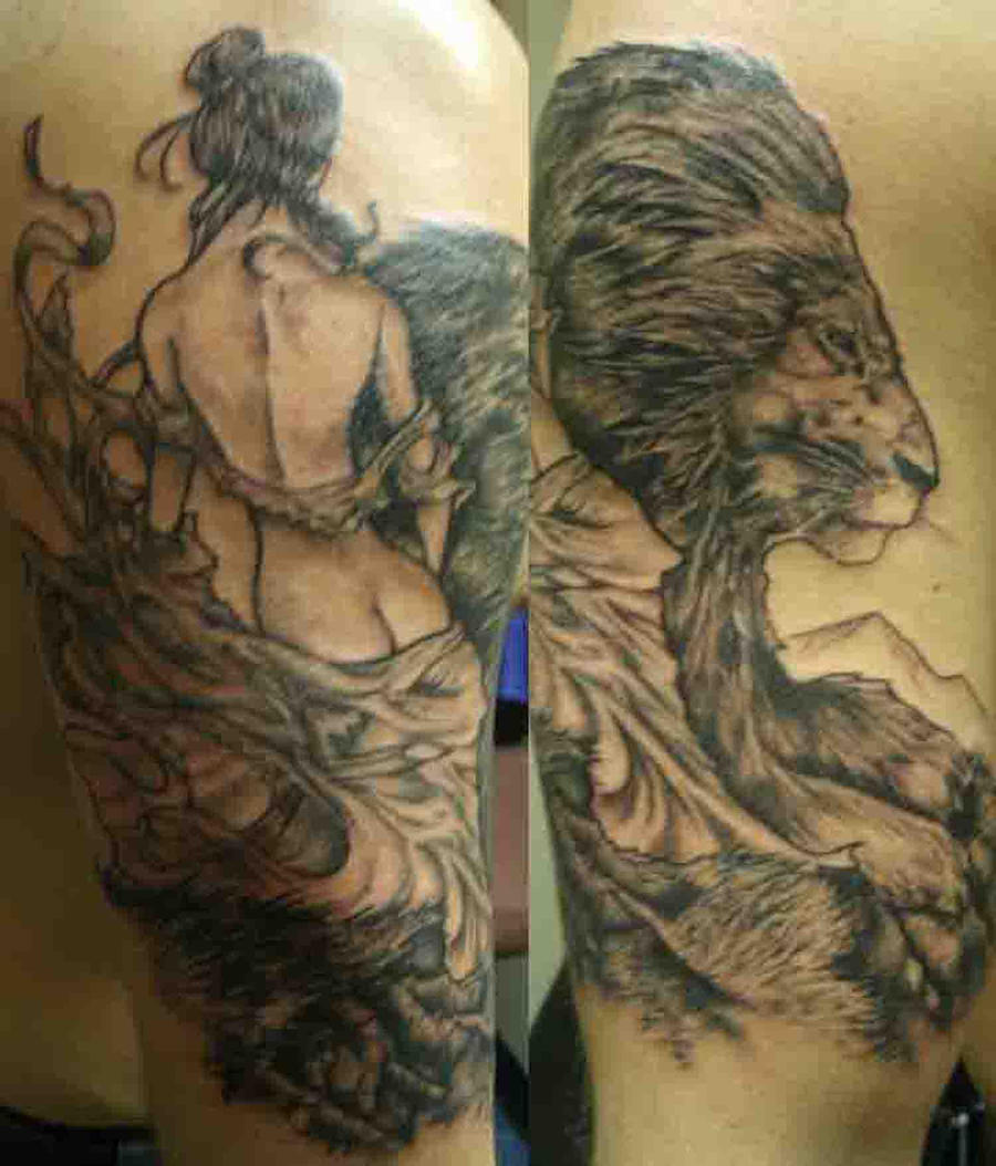 lady and lion tattoo by